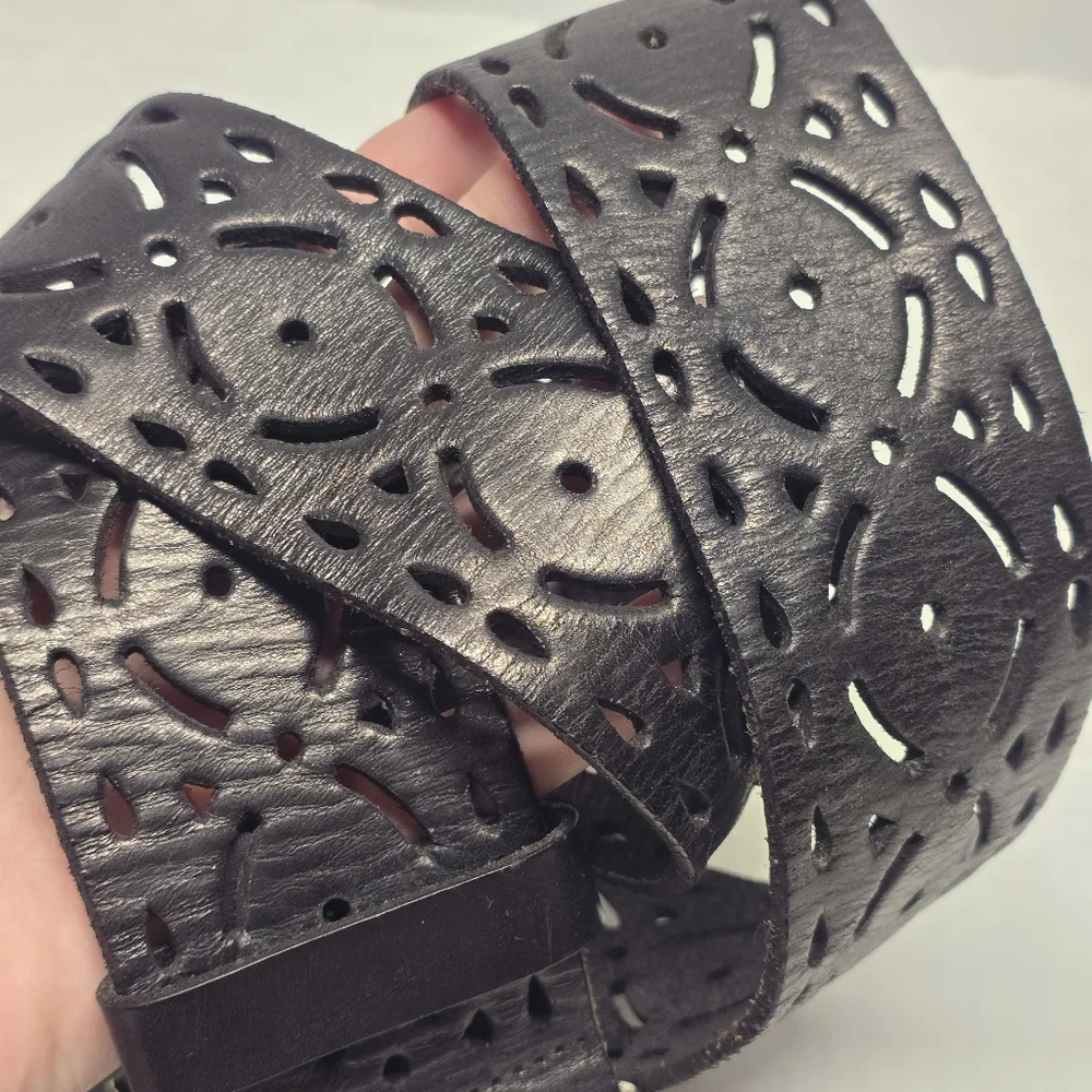 Vintage Dark Brown Leather Belt with Silver Filigree Buckle